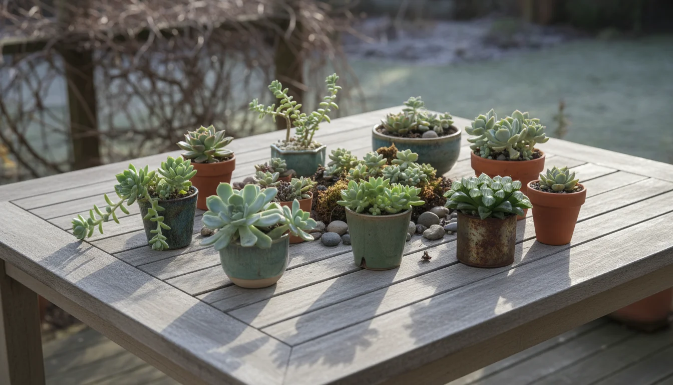 A variety of small potted succulents, some showing subtle stretching, on a weathered wooden patio table in soft winter light.
