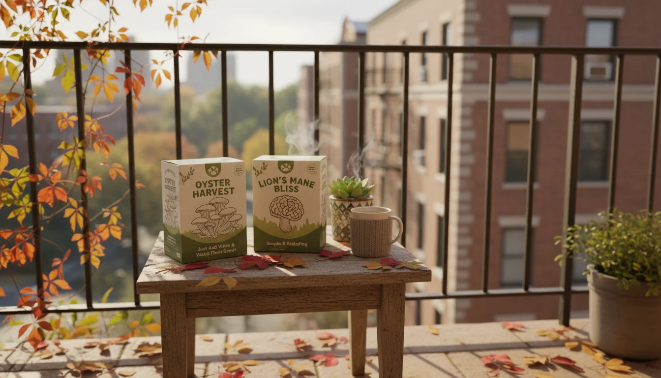 Various compact mushroom growing kits displayed on a wooden table on a sunny fall balcony, with colorful leaves.