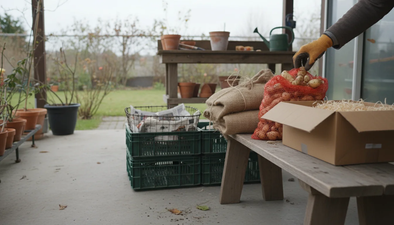 Various containers for storing garden tubers are arranged on a patio. A gloved hand places dahlia tubers into a red mesh bag next to a cardboard box a