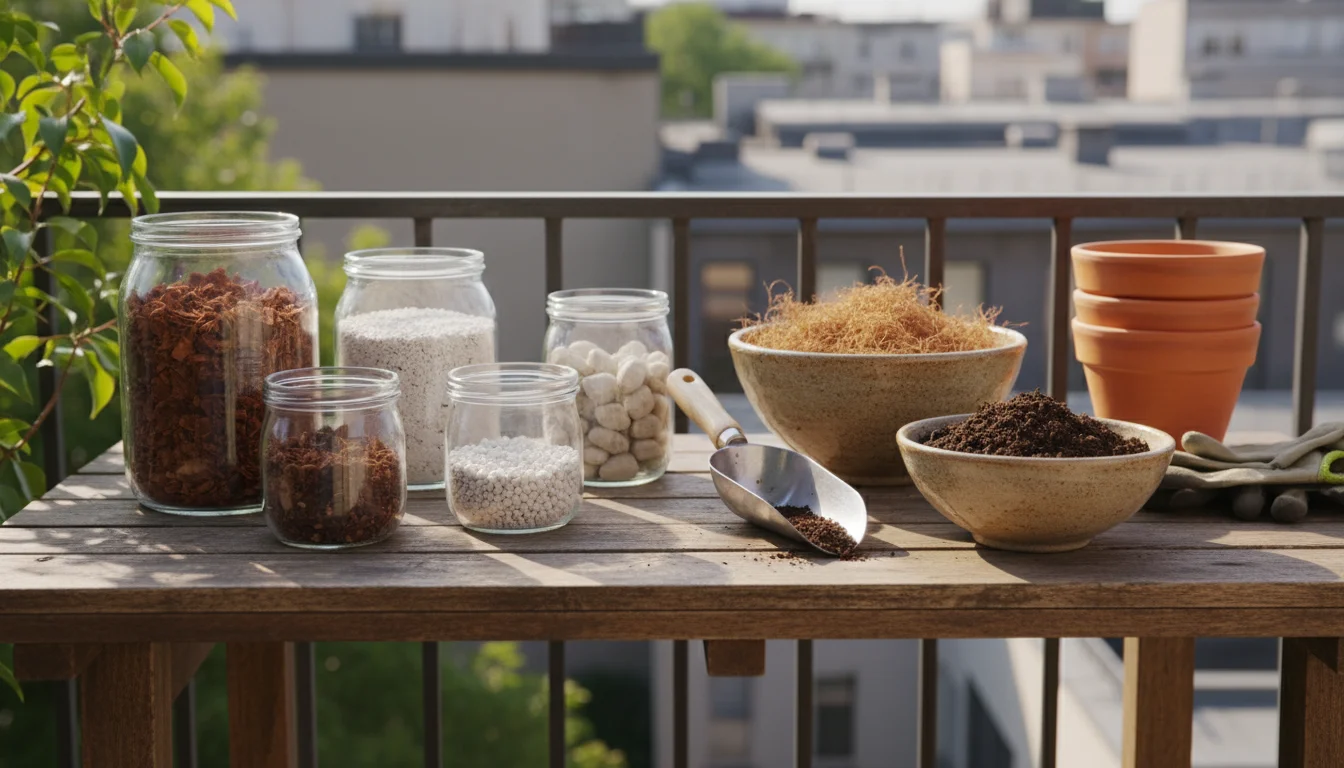 Various distinct potting mix components like bark, perlite, coco coir, and compost, displayed in small containers on a wooden table with a trowel, on