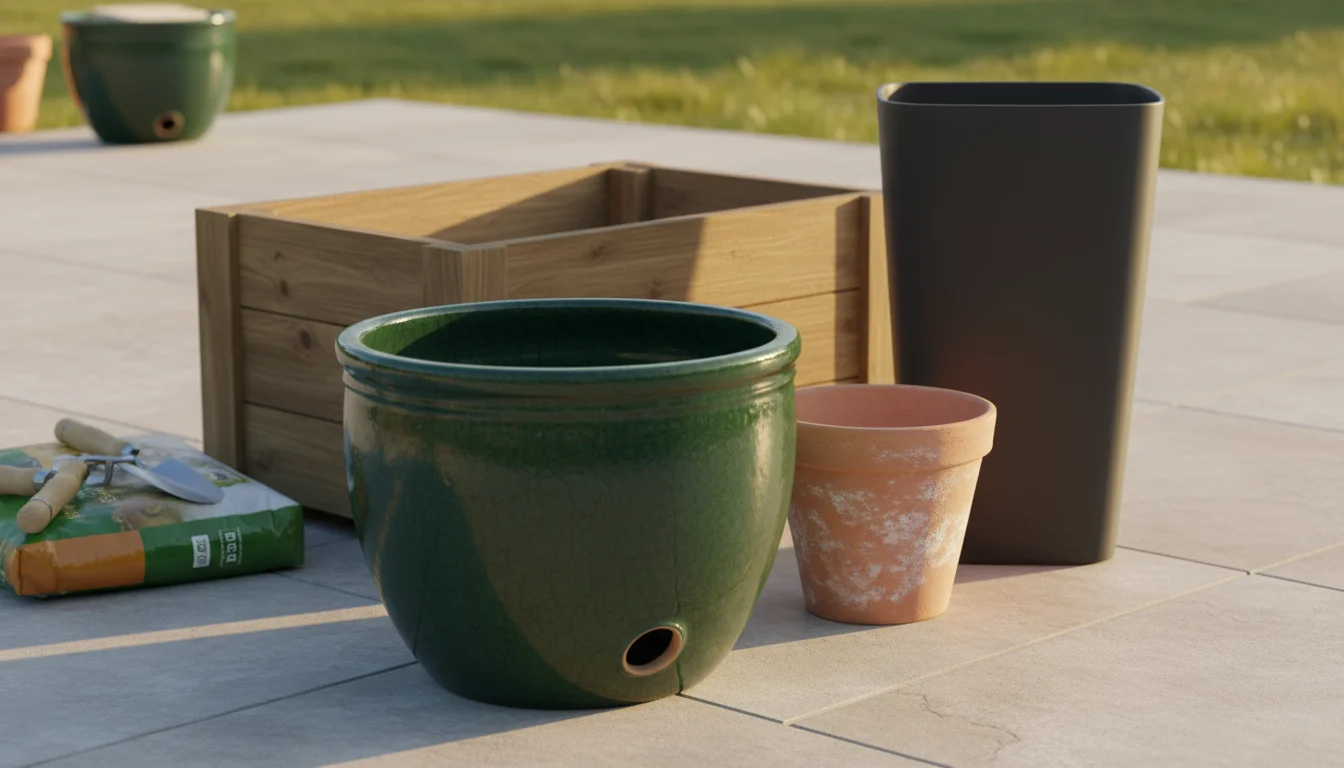 Various empty garden pots including a large green glazed ceramic pot with a visible drainage hole, a cedar planter, a fiberglass pot, and a cracked te
