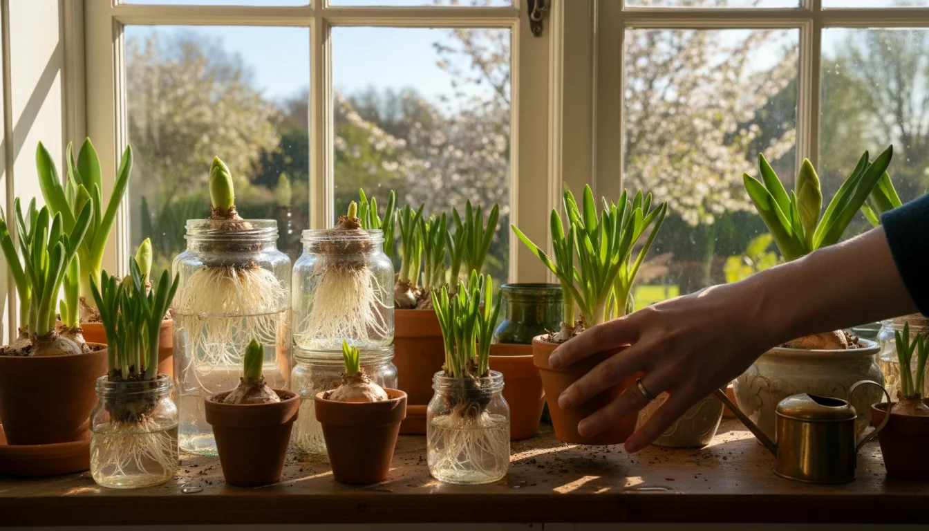 Various forced bulbs on a windowsill, showing roots, green shoots, and early blooms in small pots and jars.