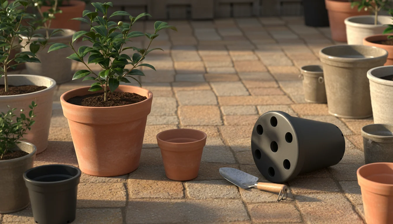 Various garden pots on a patio: a young tea plant in a large terracotta pot, a smaller empty terracotta pot, and a large plastic pot with visible drai
