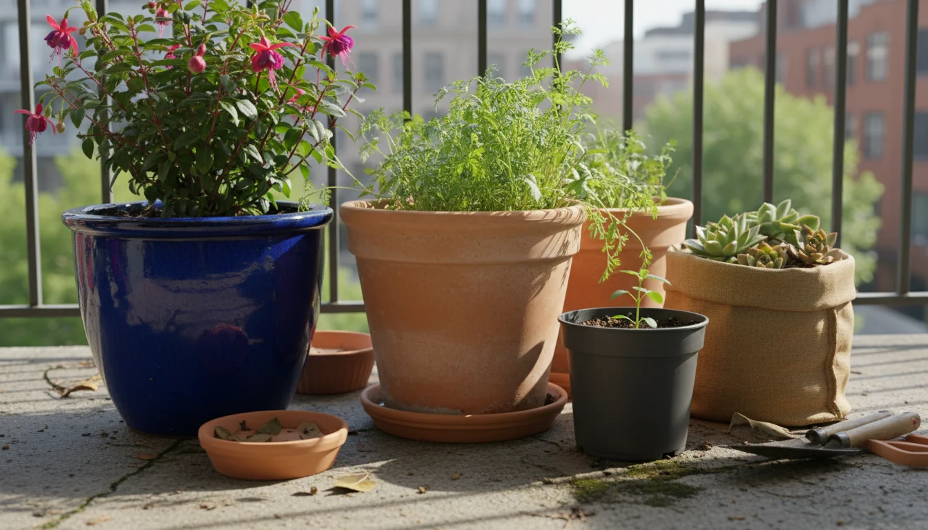 Various garden pots—terracotta, glazed ceramic, plastic, fabric grow bag—of different sizes arranged on a balcony floor, some empty, some with young p