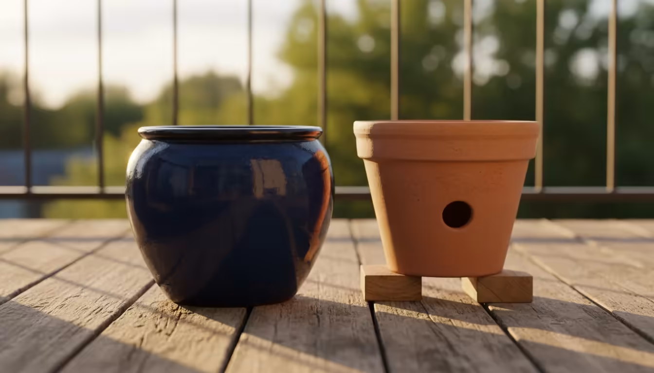 Various garden pots on a wooden balcony floor in soft, late-afternoon light. A glazed pot, terracotta pot (showing drainage holes), and plastic pot ar
