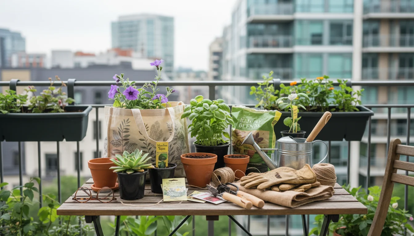 Various gardening supplies laid out on a small balcony table: new plants in nursery pots, empty terracotta and plastic containers, an open bag of pott