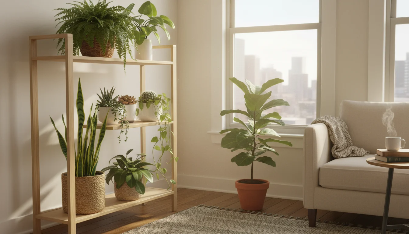Various healthy houseplants, including ferns, succulents, and a Monstera, arranged on a shelving unit next to a window in a small apartment. A person