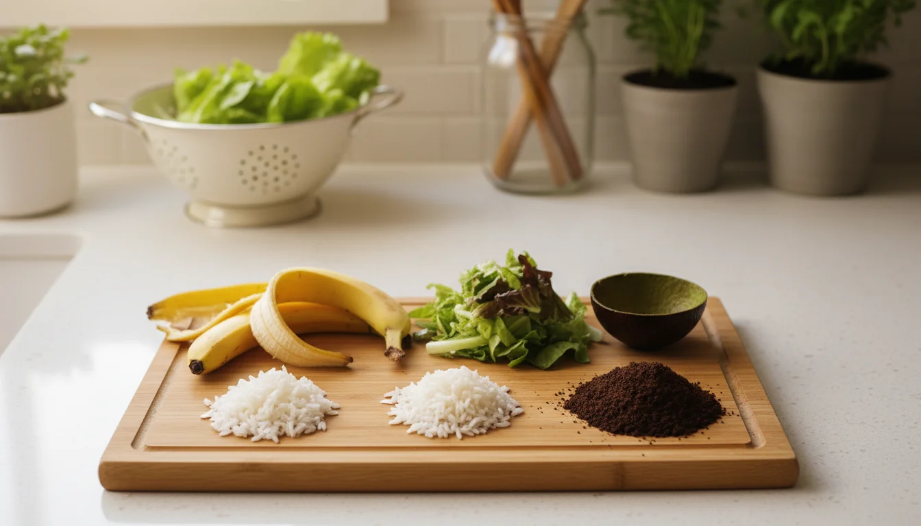 Overhead view of various kitchen scraps like peels, coffee grounds, and cooked rice on a wooden board, with a dark green bokashi bucket slightly open
