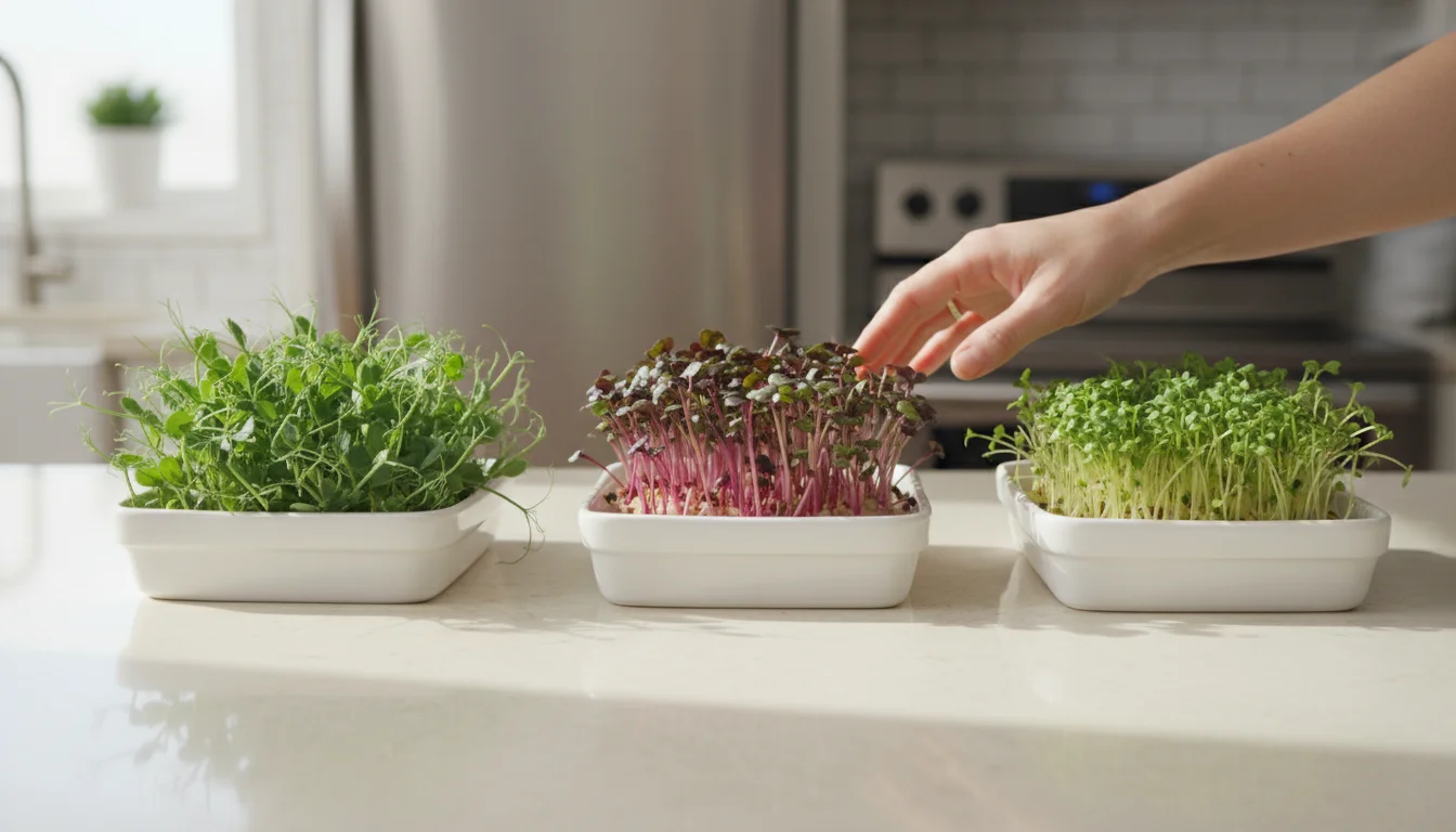 Eye-level view of various microgreen trays on a kitchen counter. A hand hovers over vibrant pea shoots, reddish radish, and delicate broccoli microgre
