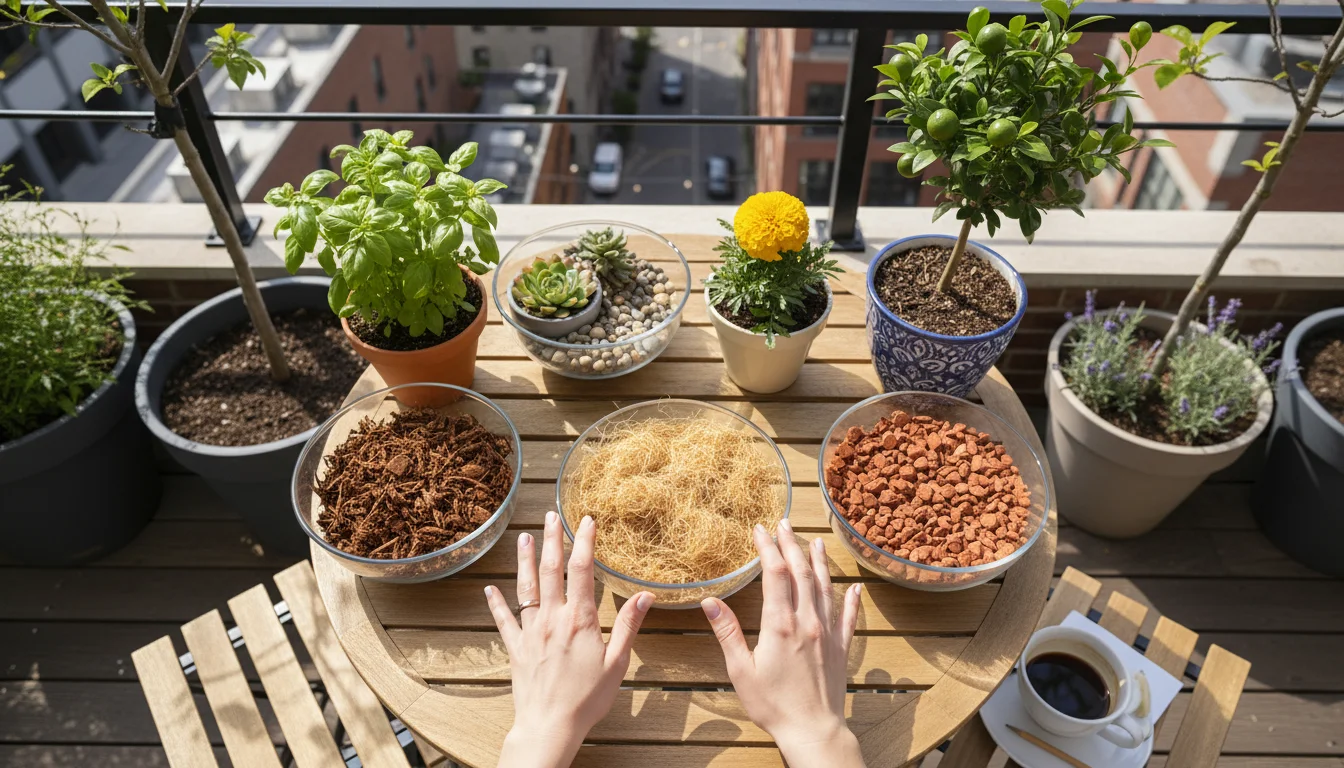 Overhead view of various mulches (bark, coco coir, gravel) displayed next to diverse potted plants on a patio table, a hand sifting coco coir.