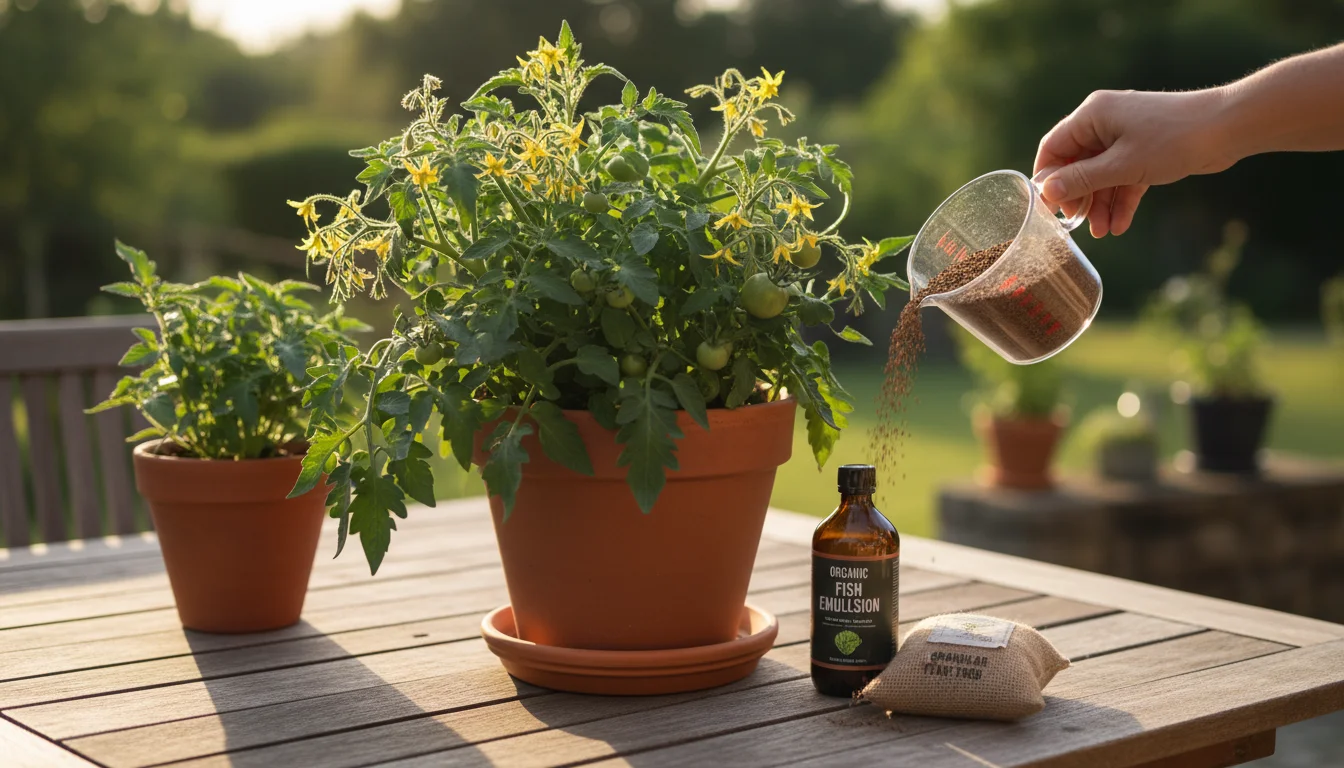 Close-up of various organic fertilizers (fish emulsion, granular) on a patio table next to a fruiting container tomato, with a hand preparing to apply