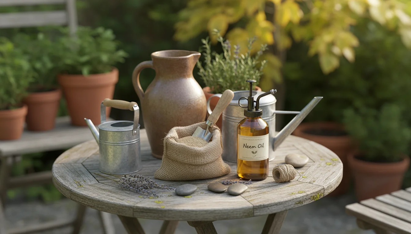 An overhead view of various organic gardening supplies, including bone meal, neem oil, and worm castings, arranged on a rustic patio table.