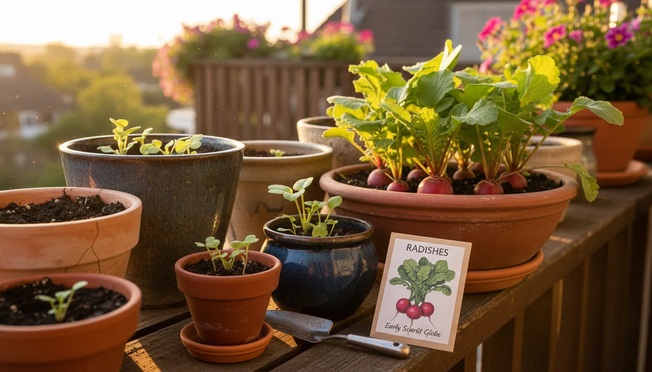 Various pots on a balcony railing show radishes at different growth stages, from sprouts to mature plants, under warm sunlight.