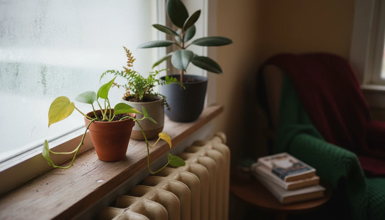 A slightly elevated view of various potted houseplants on a windowsill, with subtle signs of distress like yellowed leaves and dry tips. A radiator is