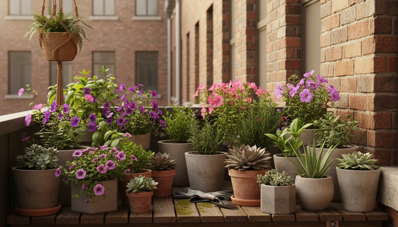 Various potted plants like herbs and petunias are grouped closely together in a sheltered balcony corner against a brick wall, ready for frost cover.