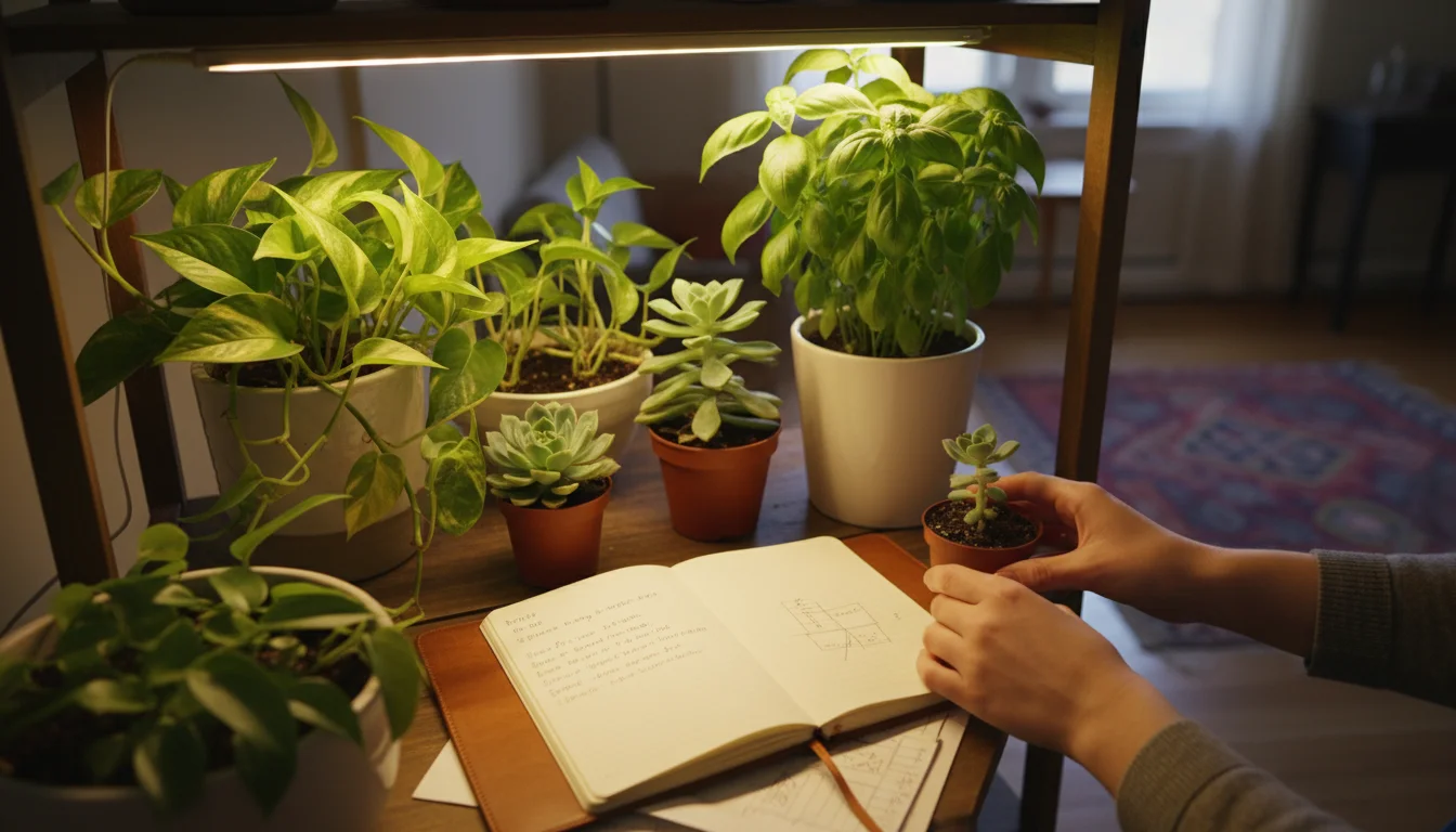Medium shot of various potted plants under a grow light on a shelf. A person's hands adjust a plant next to a journal.