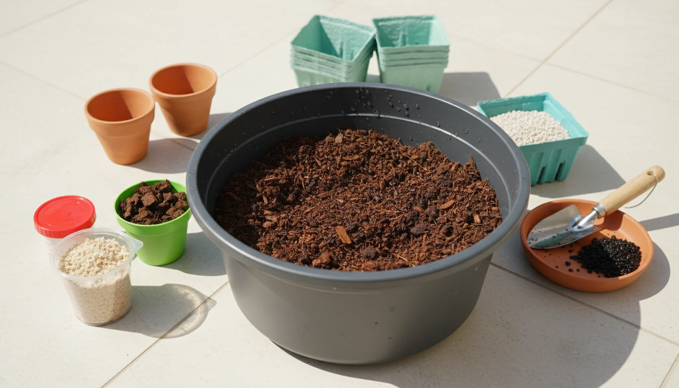 Various potting mix components – coco coir, compost, perlite – displayed separately and partially mixed in a small tub on a clean patio surface.