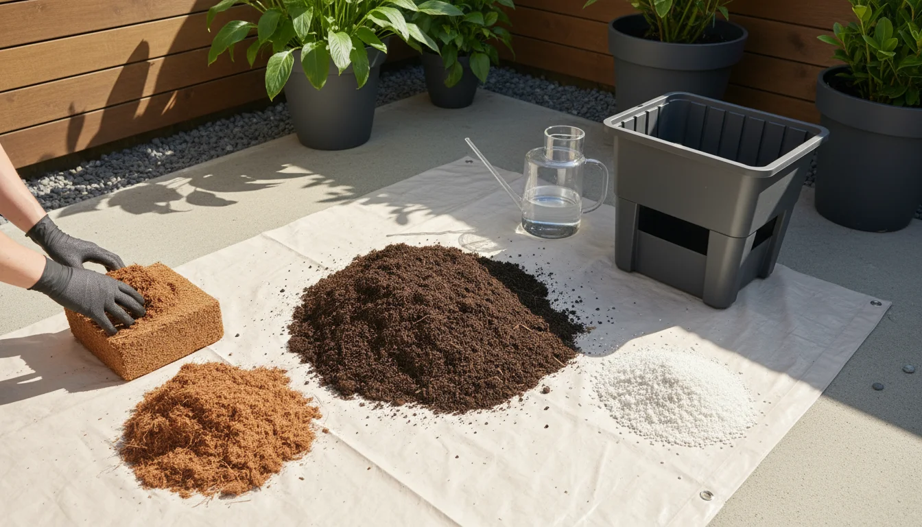 Various potting mix ingredients including dark soil, perlite, and coco coir, neatly arranged on a patio tarp next to an empty self-watering planter.