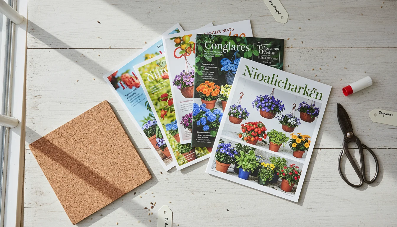 Various seed catalogs, a cork board, gardening snips, a glue stick, and a small potted lavender plant on a light wooden table.