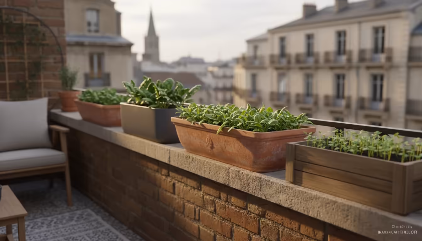 Wide shot of various shallow containers on an urban patio ledge, filled with young spinach plants at different growth stages under soft afternoon ligh