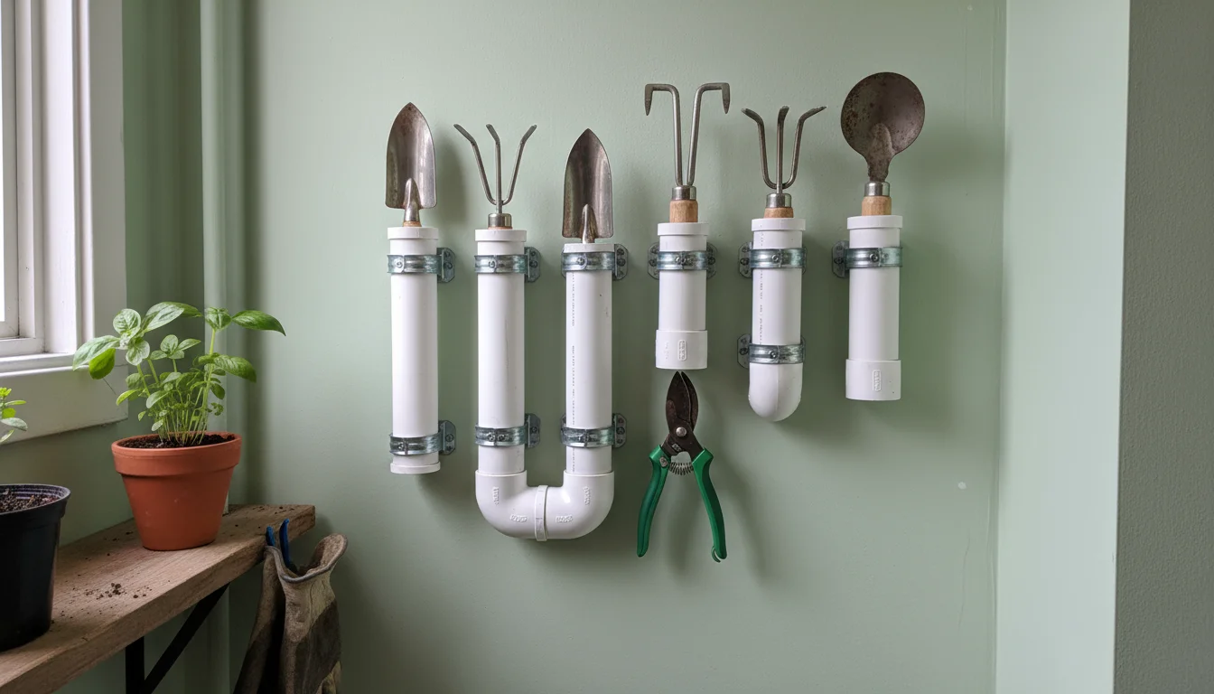Close-up of various-sized white PVC pipes mounted vertically on a wall, organizing small gardening tools like pruners, snips, and a hand trowel.