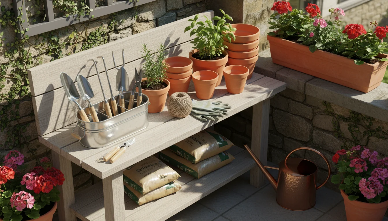 Various small gardening tools are neatly categorized into distinct groups on a rustic wooden potting bench on a sunny patio, including hand tools, wat