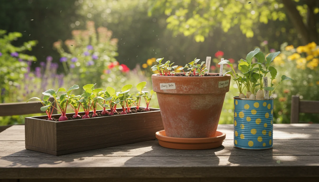 Various small pots and balcony boxes on a wooden patio table, each filled with young radish plants at different stages of growth.