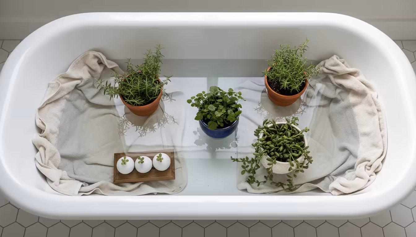 Overhead view of various small potted plants sitting in a white bathtub reservoir with towels and 2 inches of water for vacation watering.