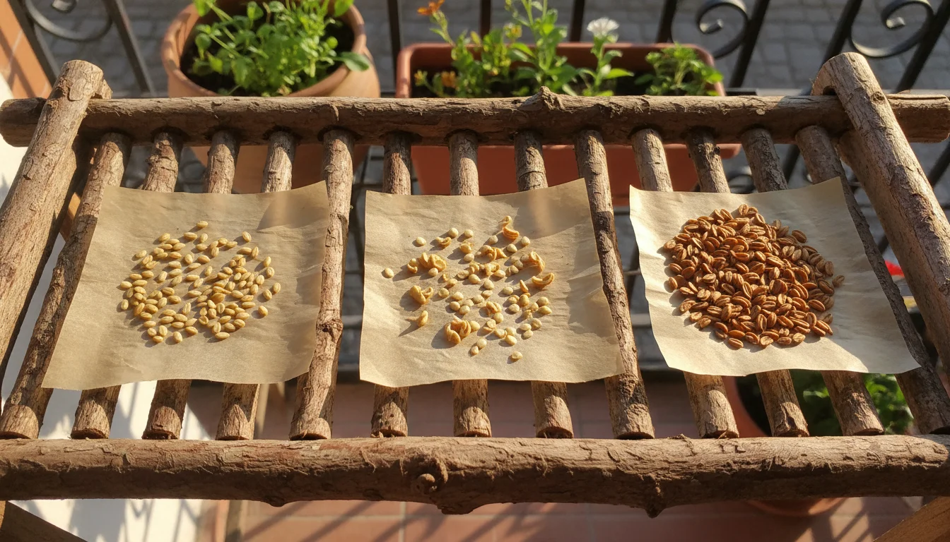 Various small seeds like tomato, pepper, and calendula drying on parchment paper on a wooden rack in warm sunlight.