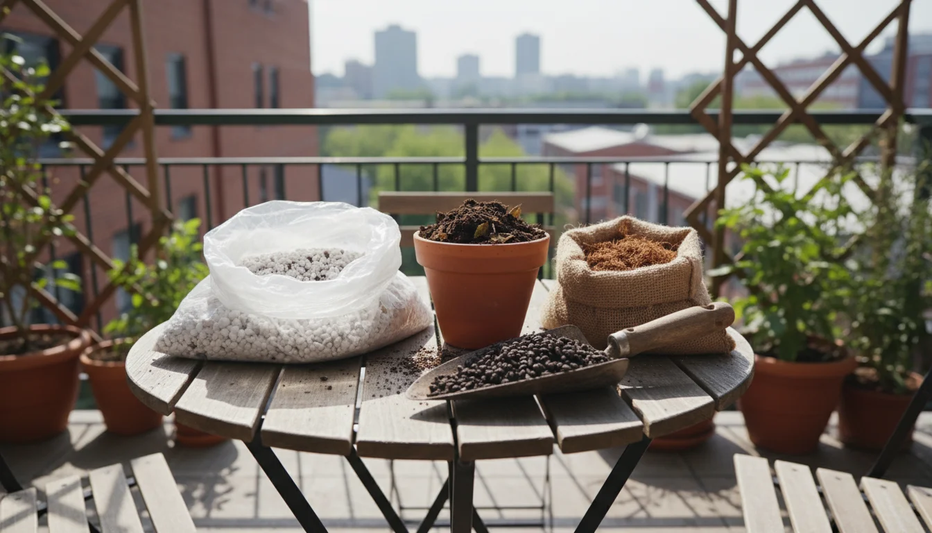 An overhead view of various soil amendments—perlite, compost, worm castings, microbial inoculant—arranged on a small wooden patio table, ready for mix