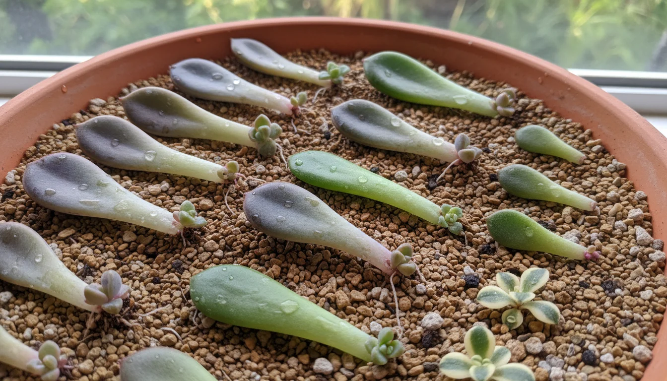 Overhead view of various succulent leaves propagating in a terracotta tray on a weathered wooden table, some showing delicate roots and new sprouts.