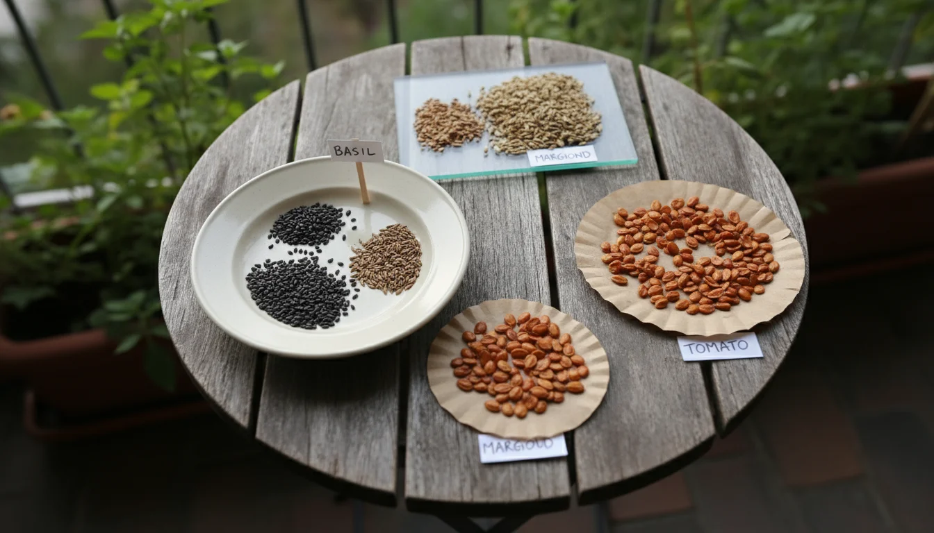 Various types of garden seeds, including basil, marigold, and tomato, laid out on a ceramic plate, glass, and coffee filters on a wooden table to dry.
