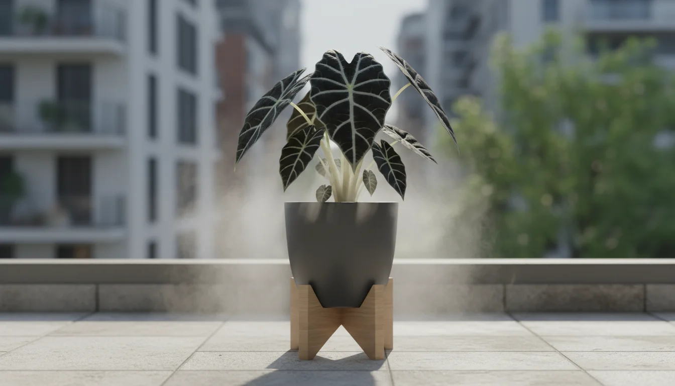Velvety deep green Alocasia 'Frydek' with prominent white veins in a charcoal pot on a balcony, subtly misty.
