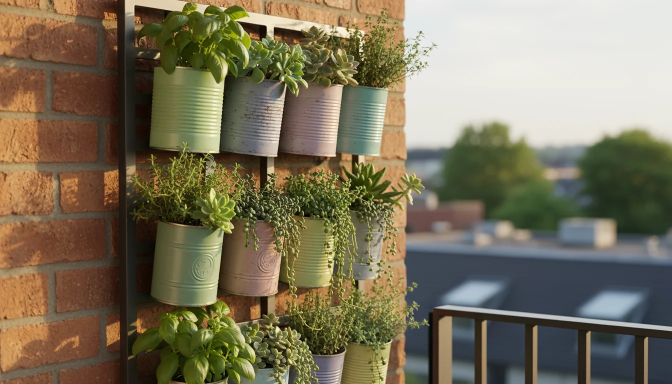 Vertical display of upcycled tin cans, painted pastels and natural, holding thriving herbs and succulents on a balcony against a brick wall.
