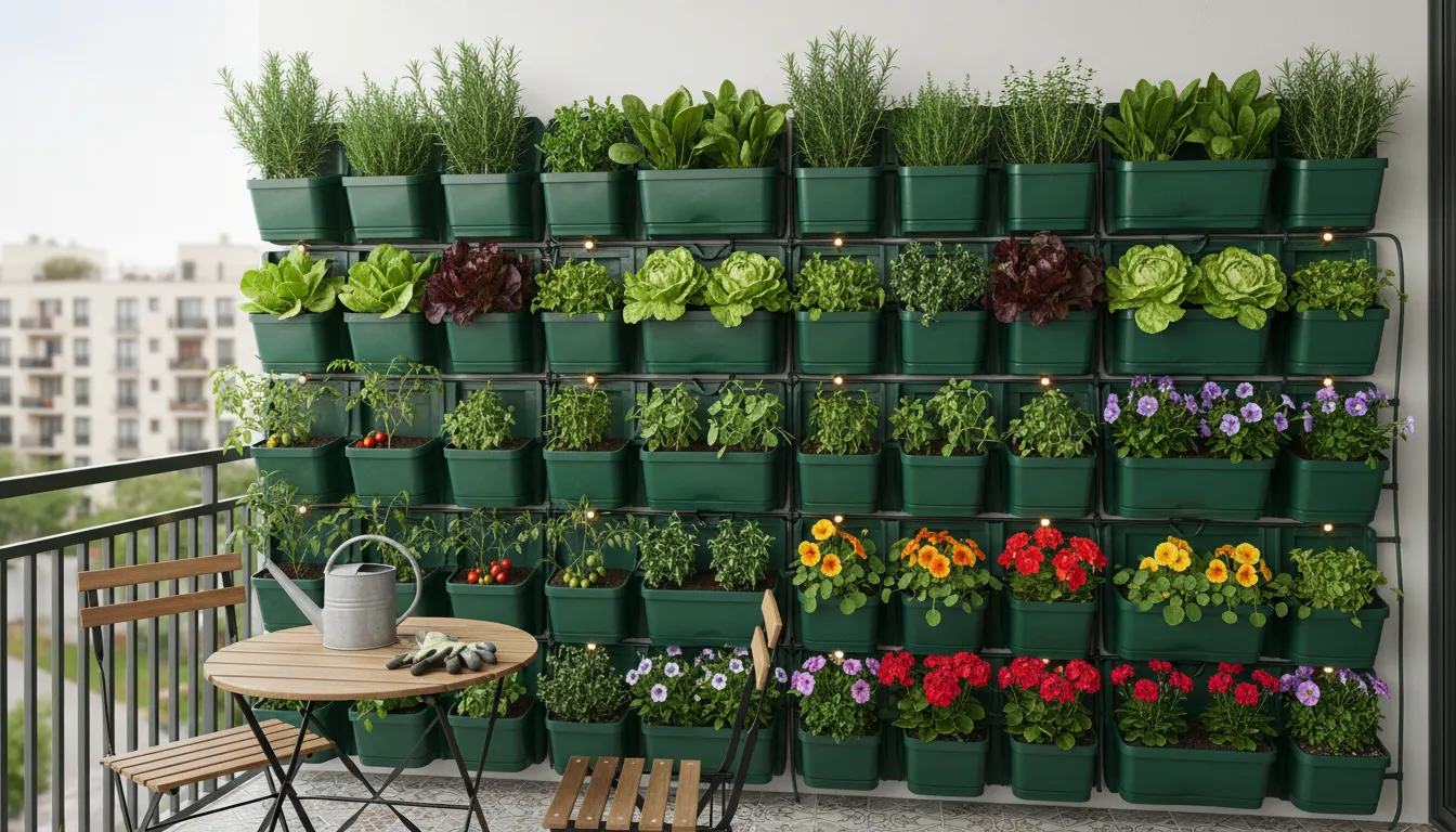 A verdant vertical garden on an apartment balcony, featuring assorted plants in wall-mounted planters, creating a lush, space-saving display.