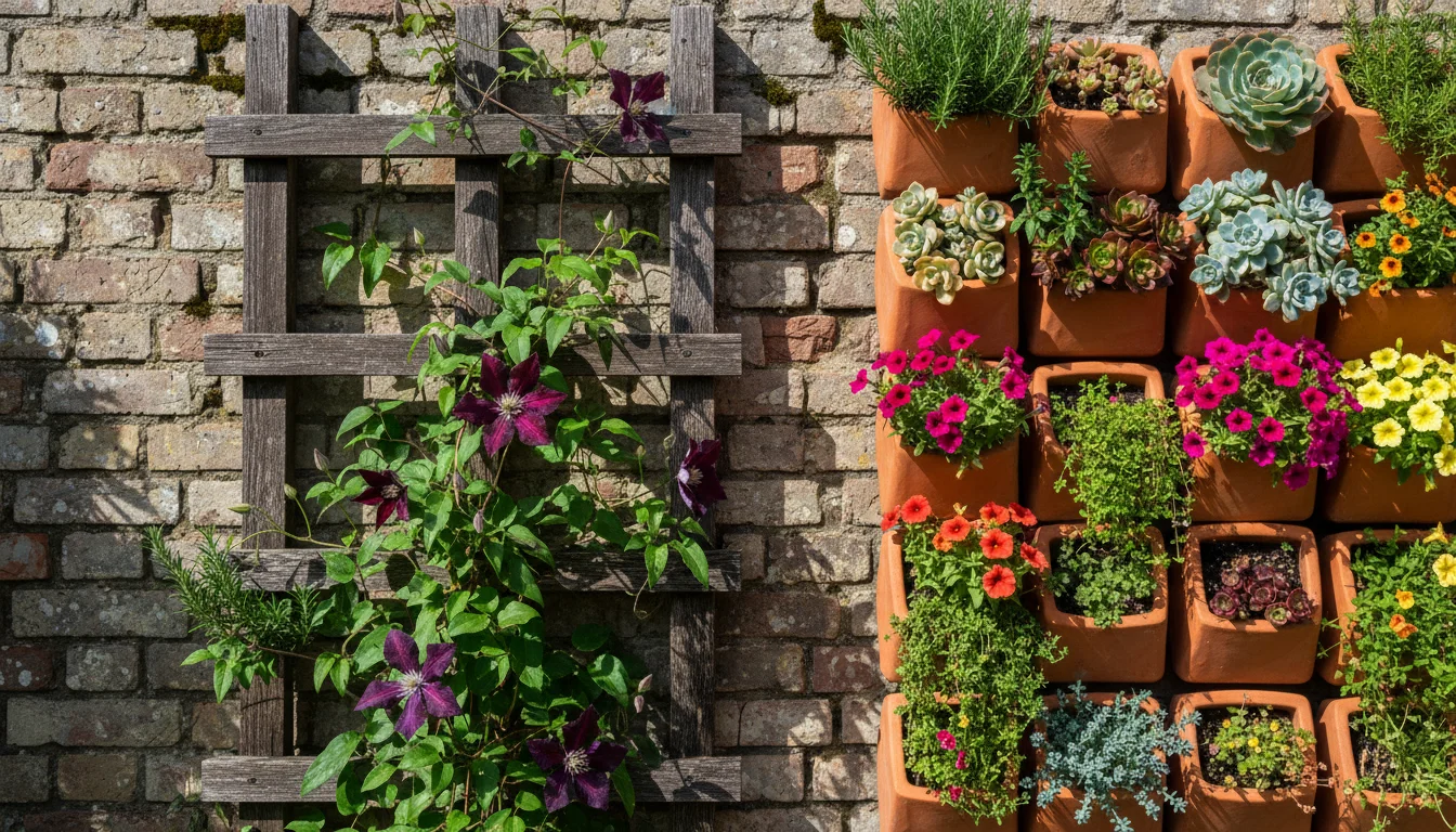 Vertical garden on a brick wall: a wooden trellis with clematis next to modular terracotta wall planters filled with herbs and succulents.