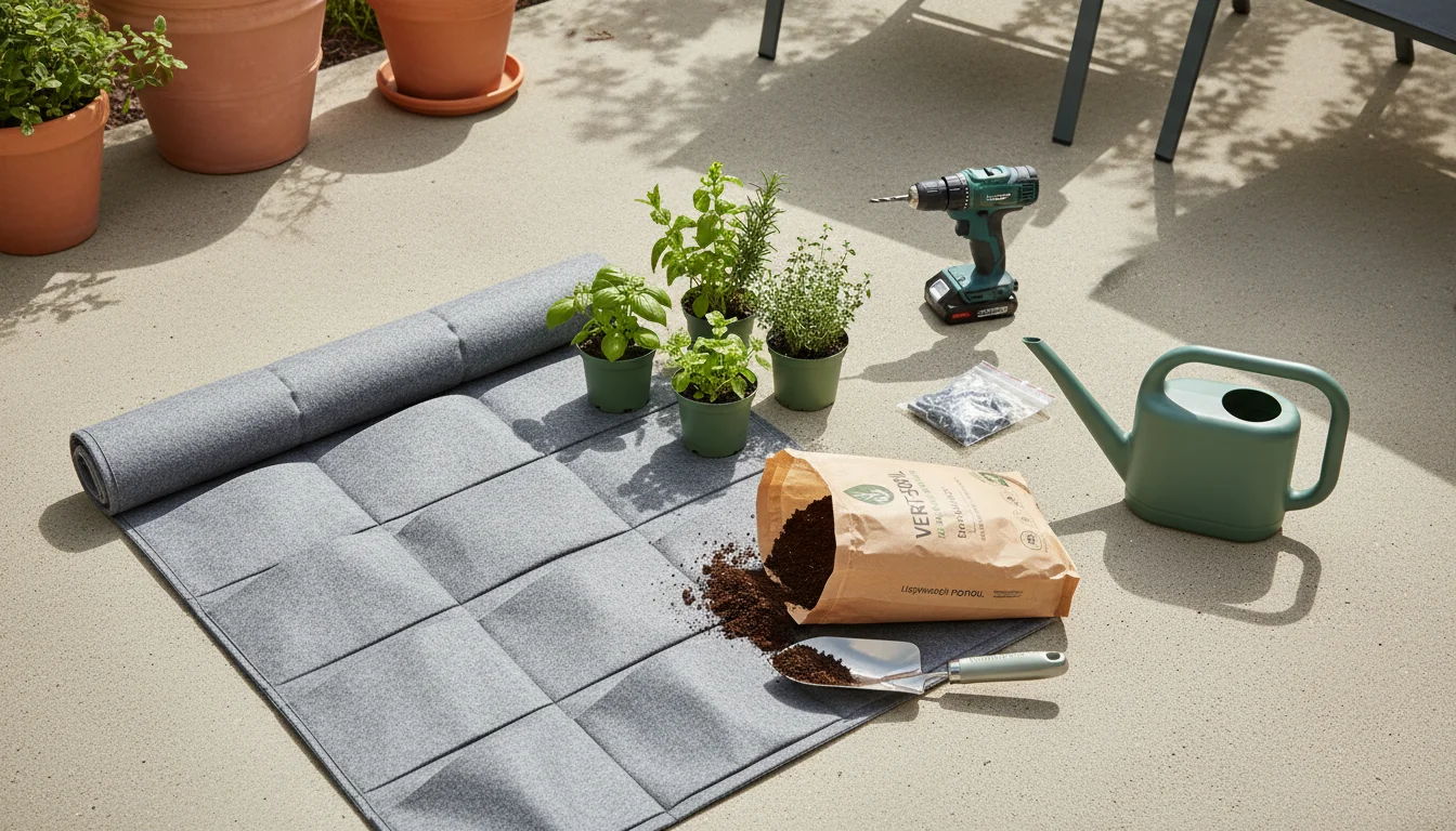 Vertical garden components, lightweight potting mix, starter plants, and essential tools collected on a sunny patio floor, ready for assembly.
