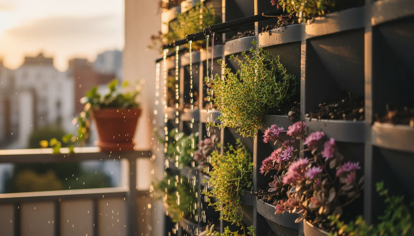 Close-up of a vertical garden with drip irrigation watering thriving thyme and sedum plants, with a rain barrel visible in the soft background on an u