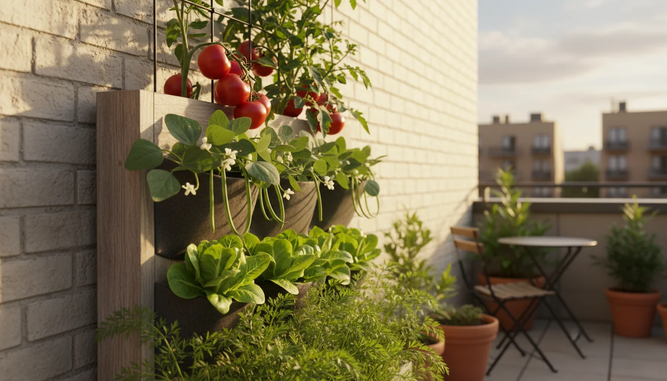 A vertical garden planter showcasing a diverse rotation of plants: ripe tomato, bush beans, lettuce, and carrot tops, bathed in golden light.