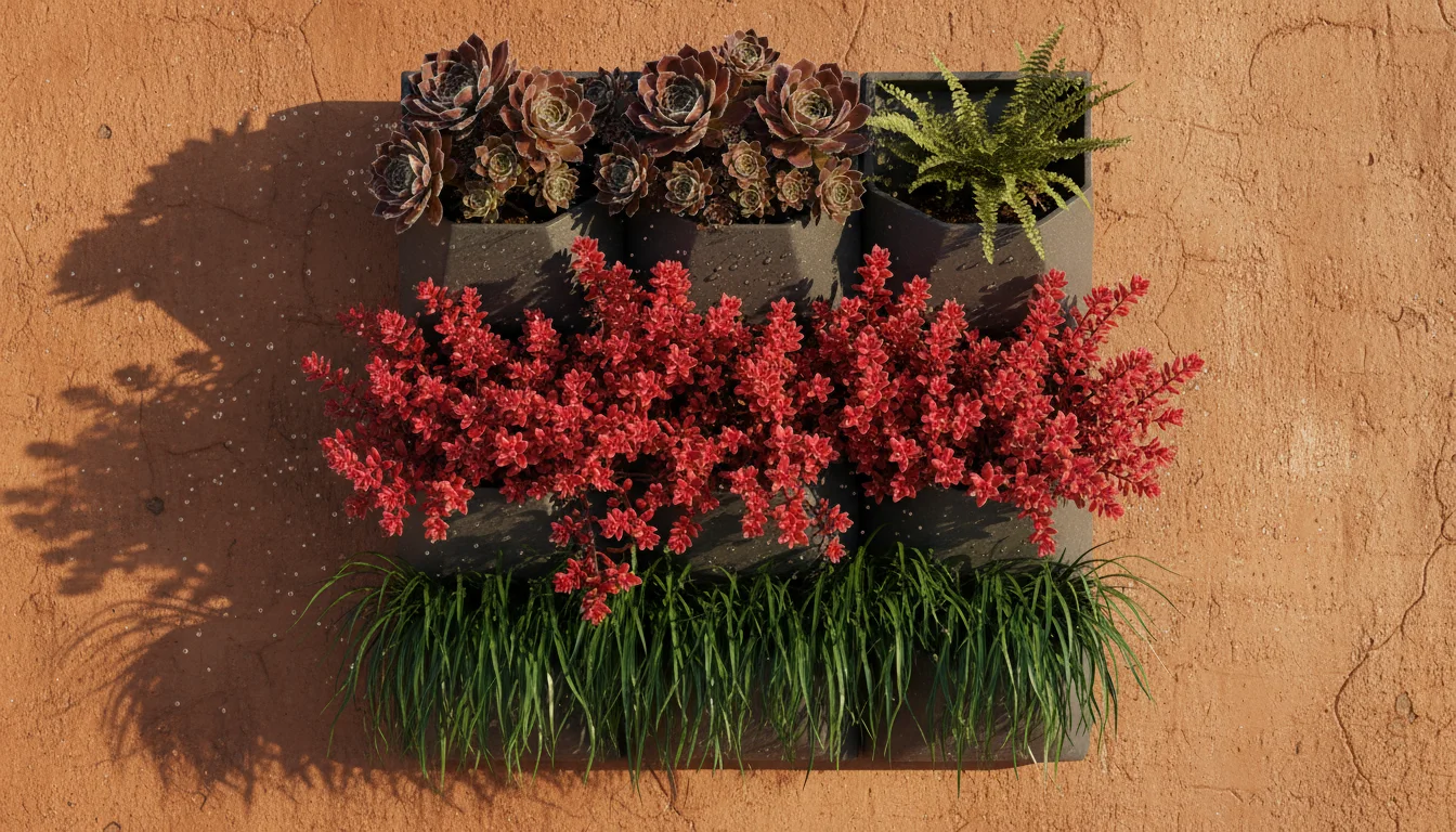 Close-up of a vertical garden planter on a terracotta wall, showcasing drought-tolerant sedums, sempervivums, mondo grass, and a fern with dew drops.
