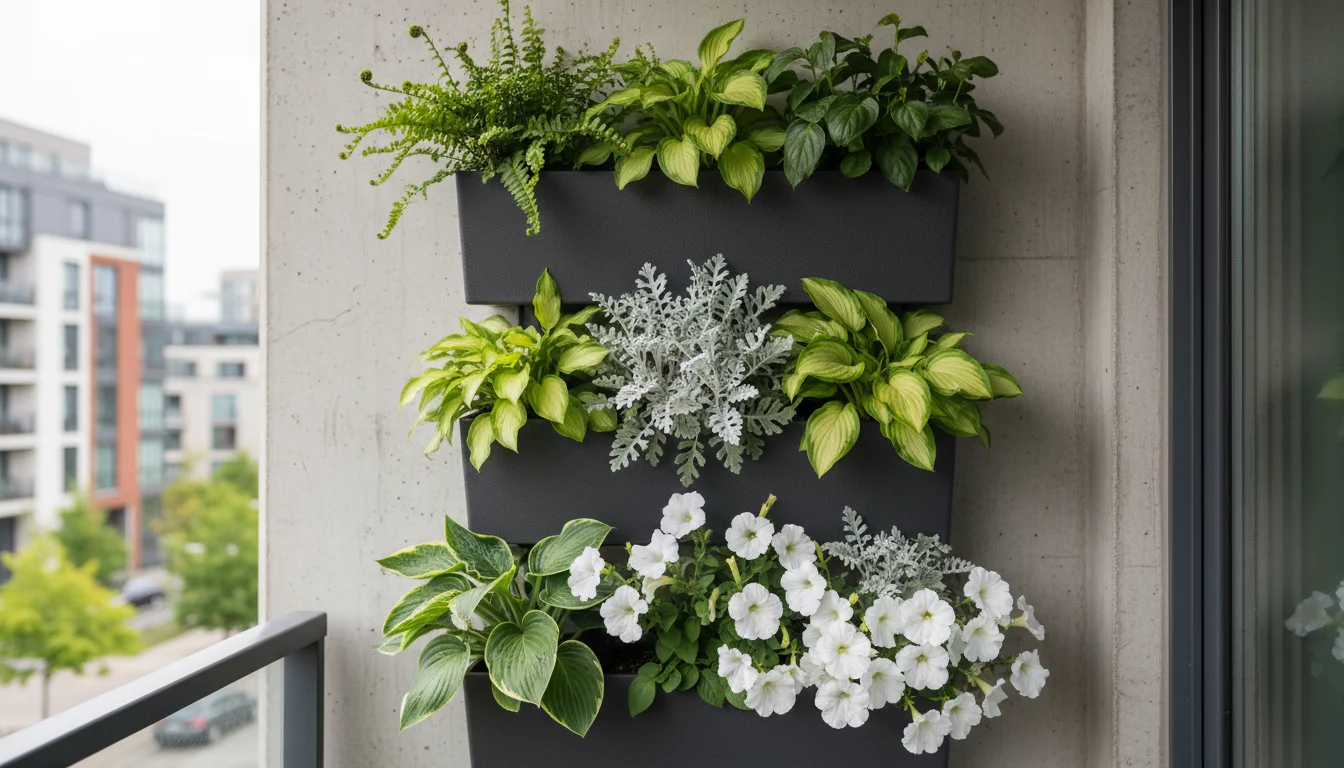 Vertical garden planter on an urban balcony showcasing green foliage, white petunias, and silver-leafed plants in charcoal containers.
