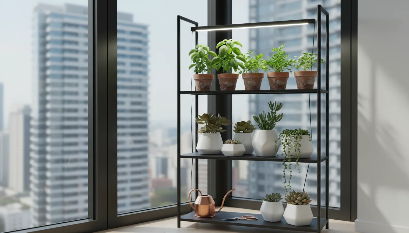 Vertical garden shelf with two distinct grow lights: a bright white full-spectrum LED over lush herbs, and a purple red/blue LED over young seedlings.