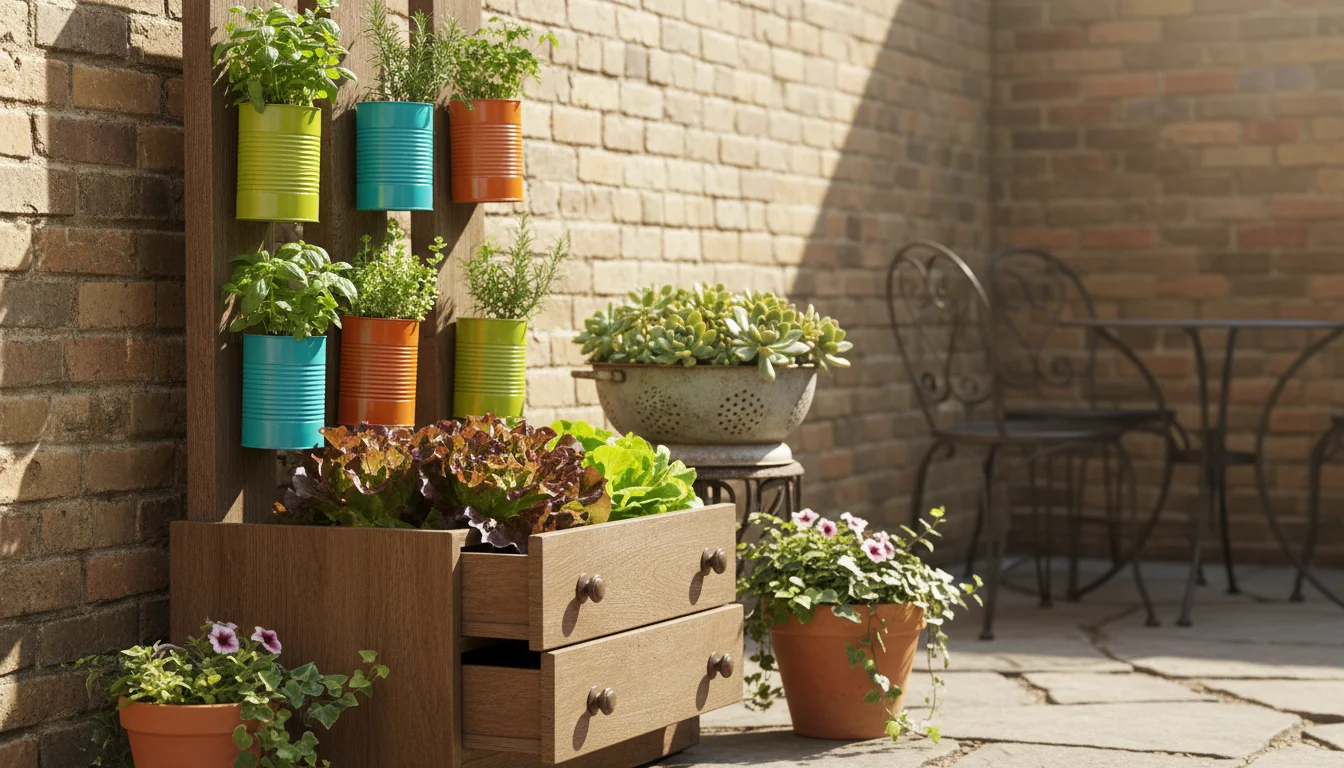 Vertical garden on an urban patio featuring upcycled containers like painted tin cans, a wooden drawer, and a metal colander, arranged against a weath