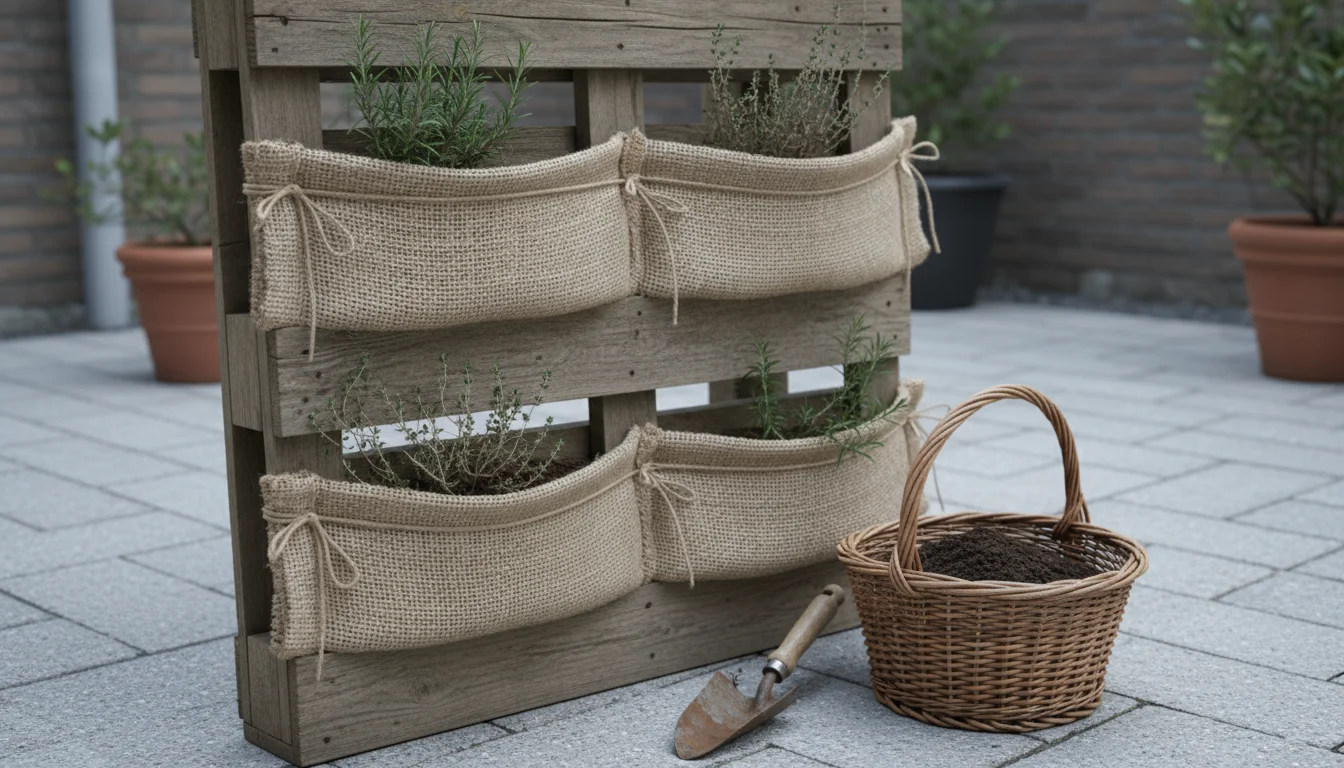 Vertical pallet garden on a patio, partially covered with burlap for winter protection. Dormant plants and a basket with potting mix subtly hint at se