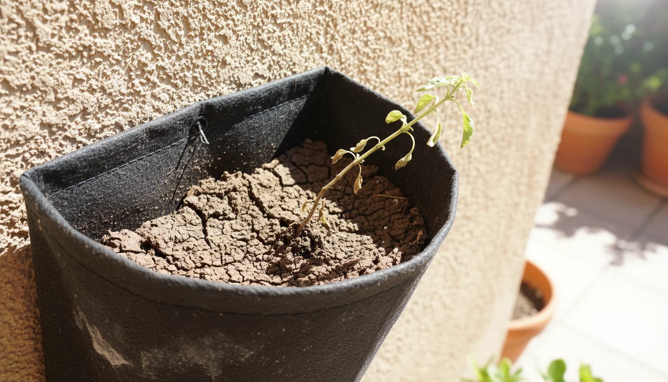 Close-up of a vertical planter pocket showing old, settled, and compacted potting soil with a struggling basil plant.