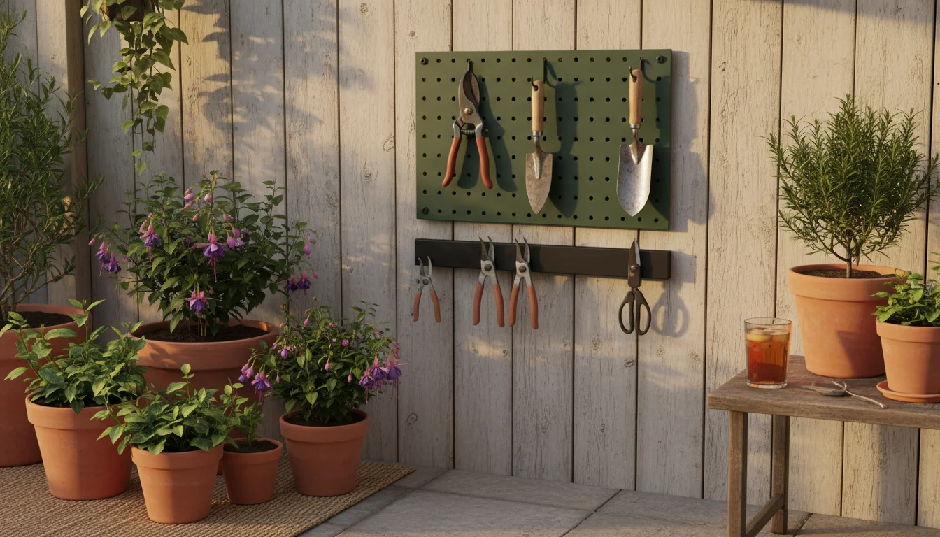 Vertical storage on a patio wall: a pegboard with pruners and trowel, and a magnetic strip with snips, surrounded by container plants.