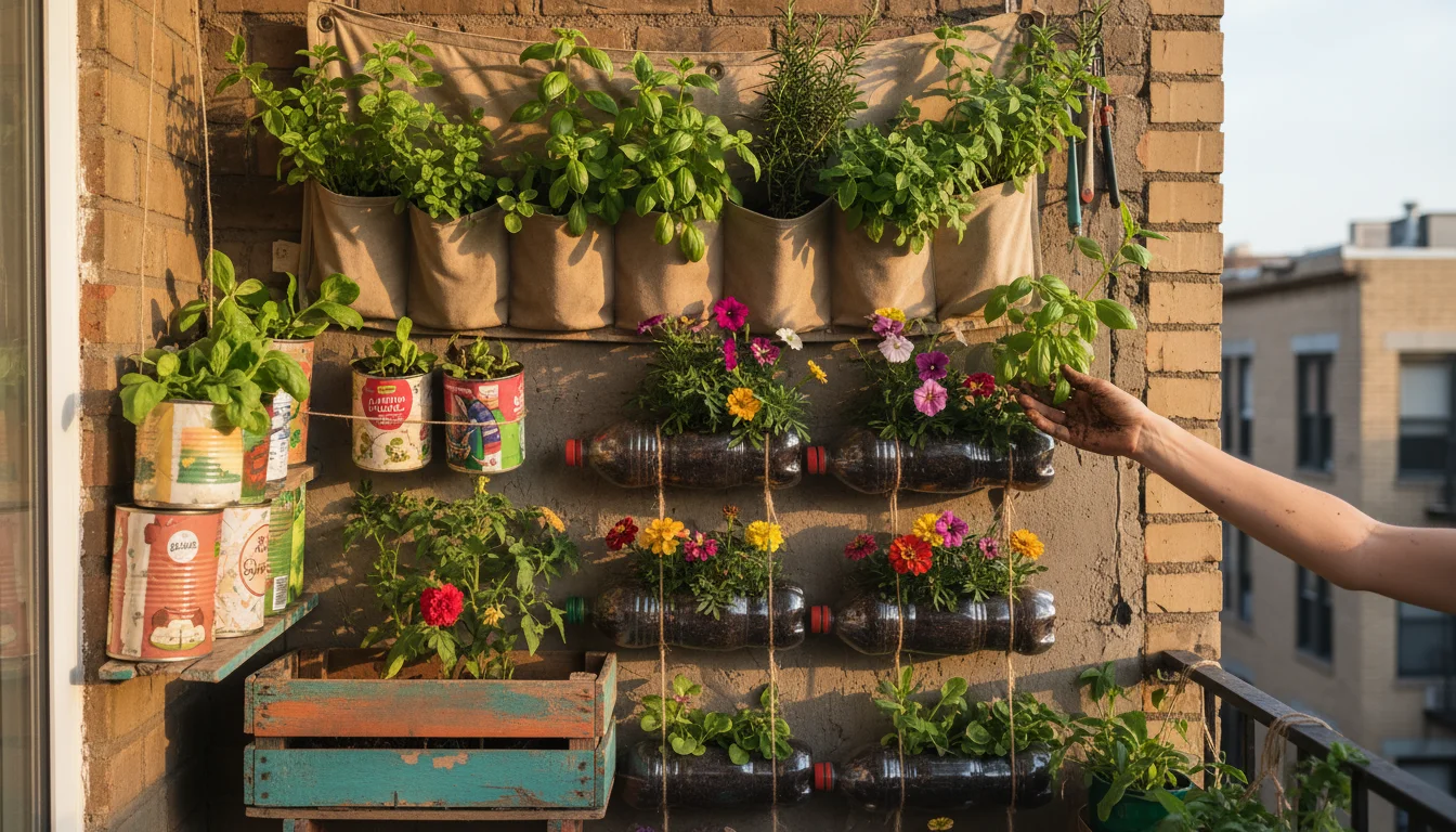 Vertical upcycled garden on a narrow balcony wall: shoe organizer with herbs, plastic bottles with annuals, crate with tomato, cans with greens. Hand 