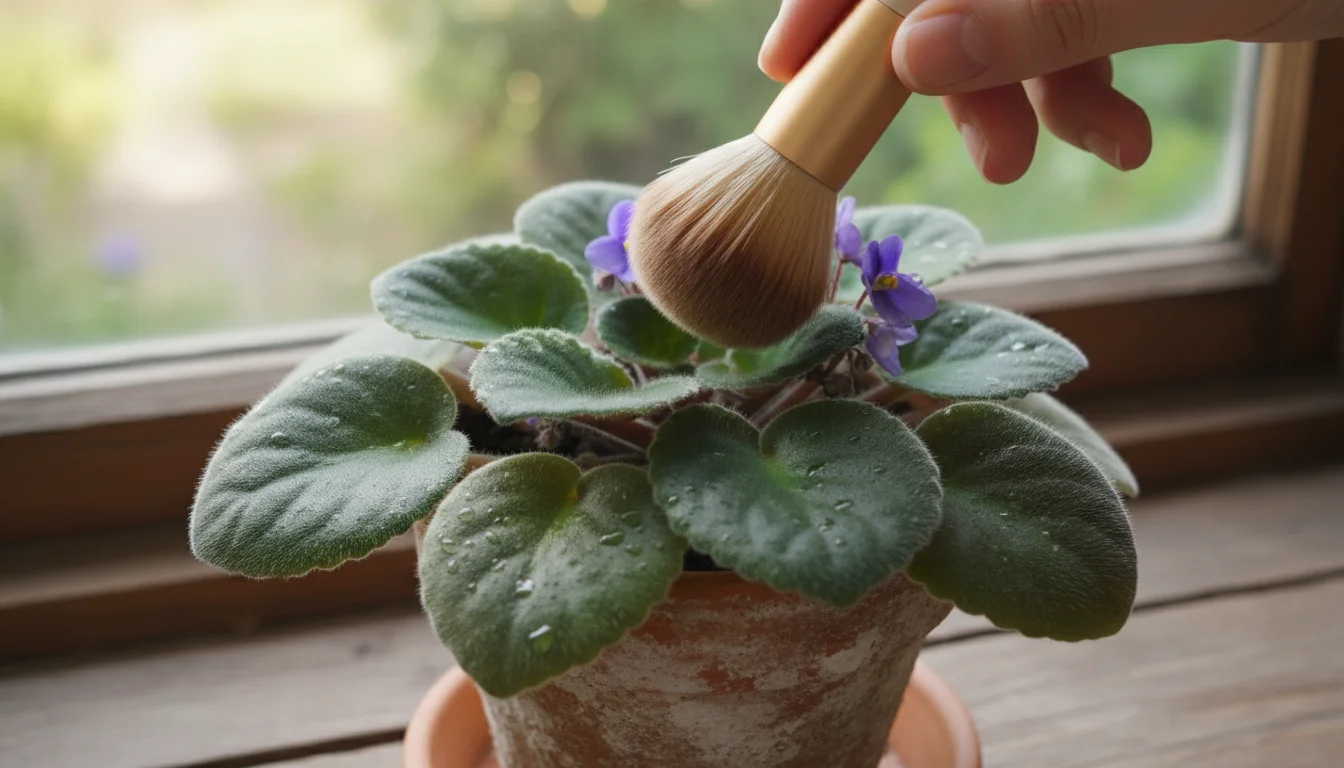 Close-up of a vibrant African Violet in a terracotta pot. A hand holds a soft makeup brush hovering over its fuzzy leaves.