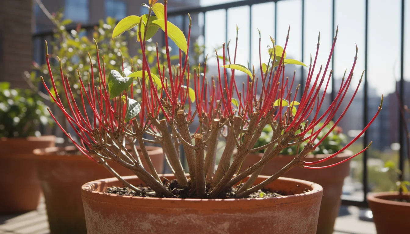 A vibrant 'Arctic Fire' red twig dogwood in a terracotta pot on an urban balcony, showing bright new red stems and signs of recent pruning.