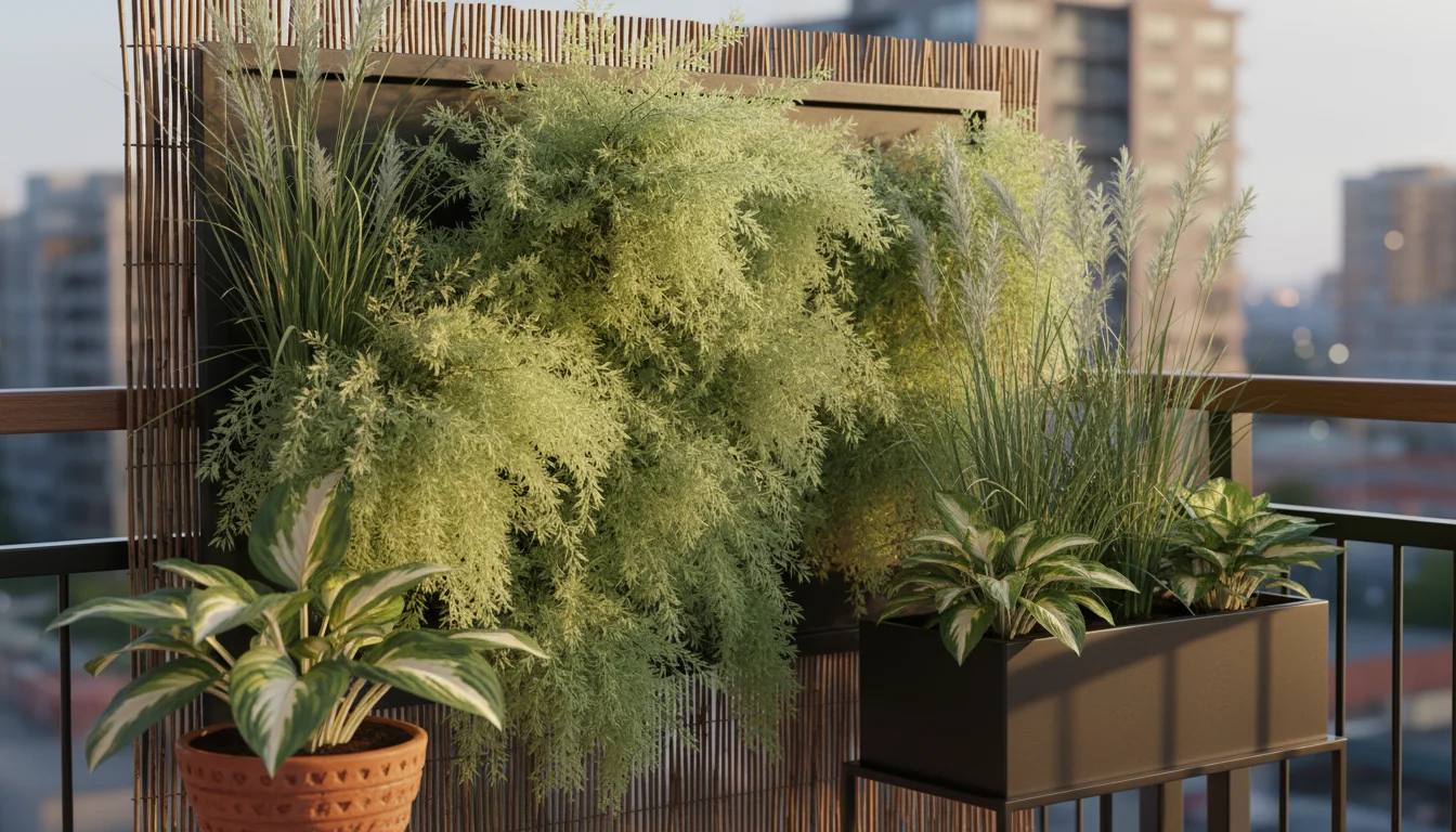 A vibrant arrangement of container plants on a balcony, featuring asparagus fern, variegated hosta, and maiden grass for diverse texture and privacy.